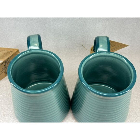 Papel Freelance By Cranbury Crafts Set of 2 Teal Ribbed Ceramic Mugs Pottery NEW - Picture 3 of 5